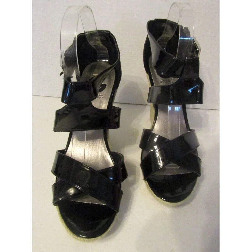 G by GUESS Black Patent Espadrille Wedge Sandals Ankle Strap Sz 8M